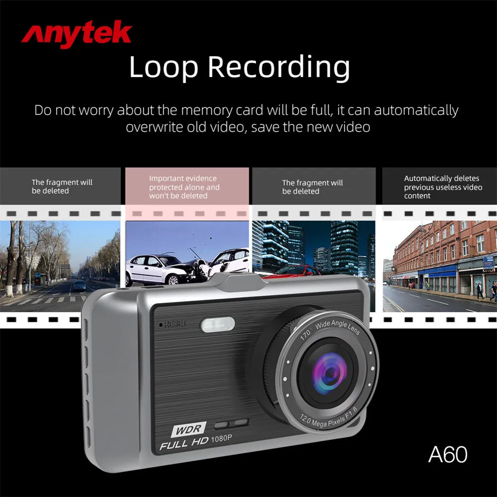Anytek A60 Car 4 Inch Ips Screen 1080P HD 170 Degree Wide Angle