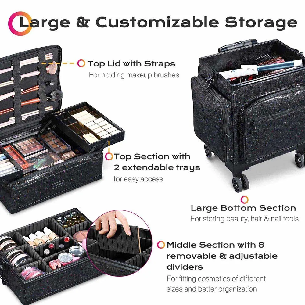 Byootique MassLux 3in1 Rolling Makeup Case Glittered Black