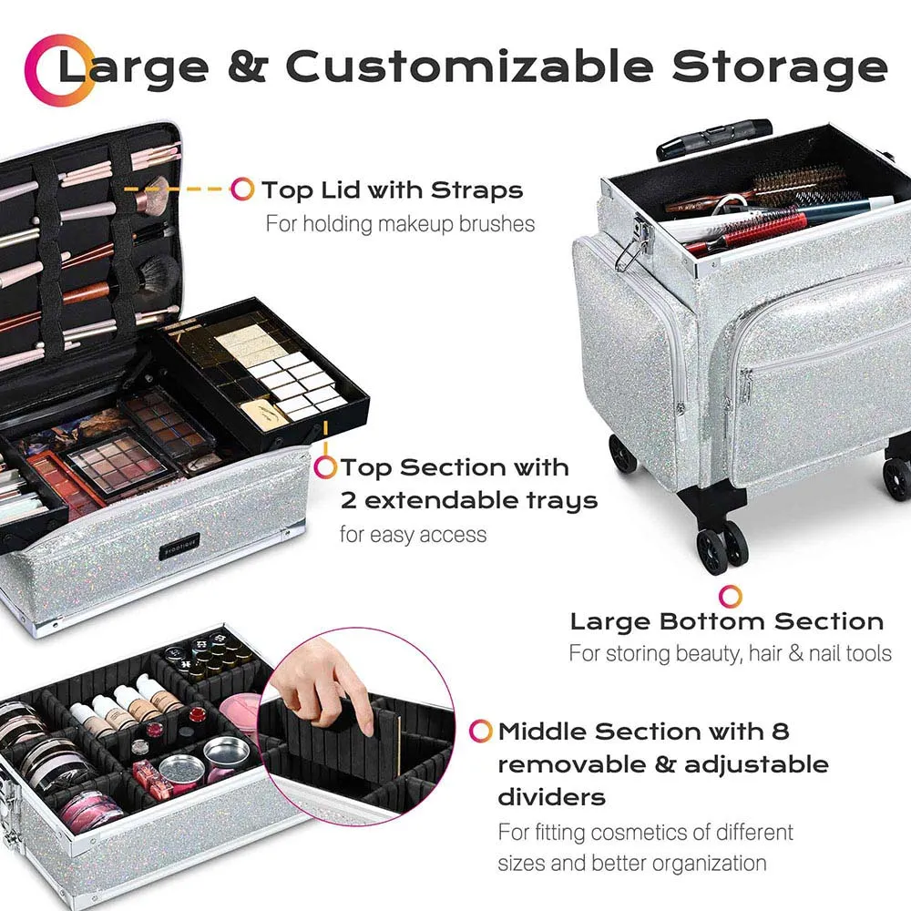 Byootique MassLux 3in1 Rolling Makeup Case Glittered Silver
