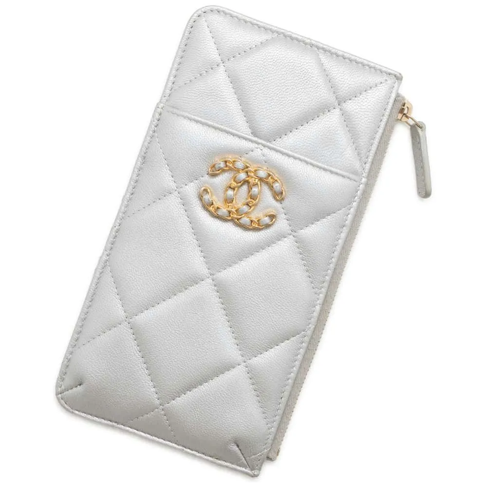 CHANEL Phone & Card Case Silver AP1182 Lambskin