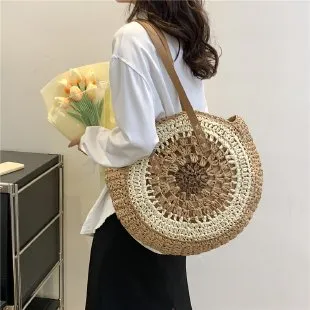 Extra Large Circle Straw Beach Bag With Zipper -Showtown