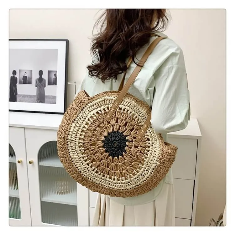 Extra Large Circle Straw Beach Bag With Zipper -Showtown