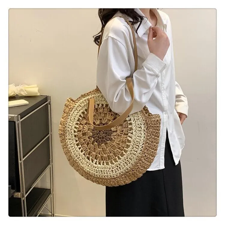 Extra Large Circle Straw Beach Bag With Zipper -Showtown