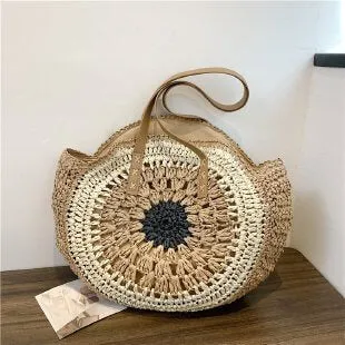 Extra Large Circle Straw Beach Bag With Zipper -Showtown