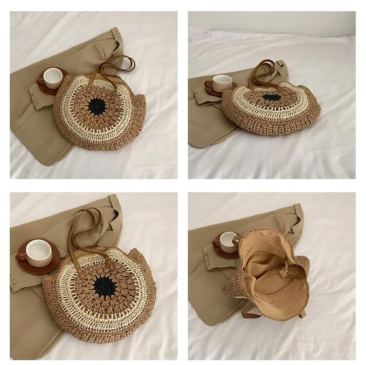 Extra Large Circle Straw Beach Bag With Zipper -Showtown