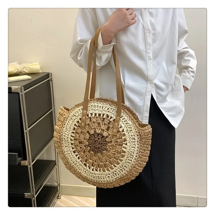 Extra Large Circle Straw Beach Bag With Zipper -Showtown