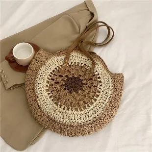 Extra Large Circle Straw Beach Bag With Zipper -Showtown