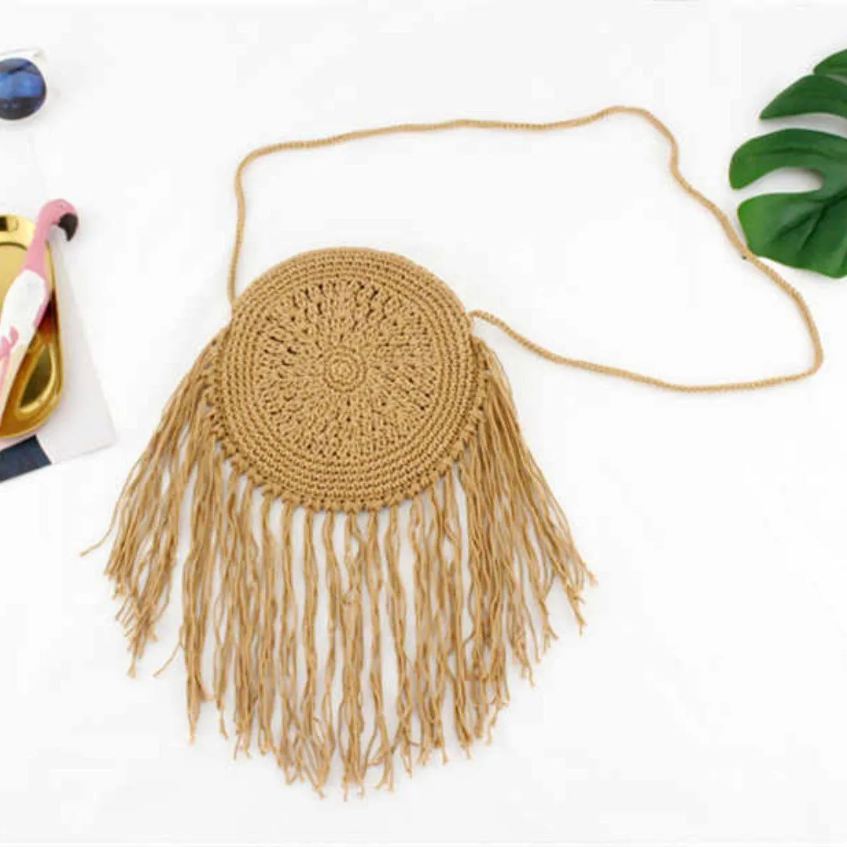 Hand-Knitted Round Bohemian Tassel Beach Bag