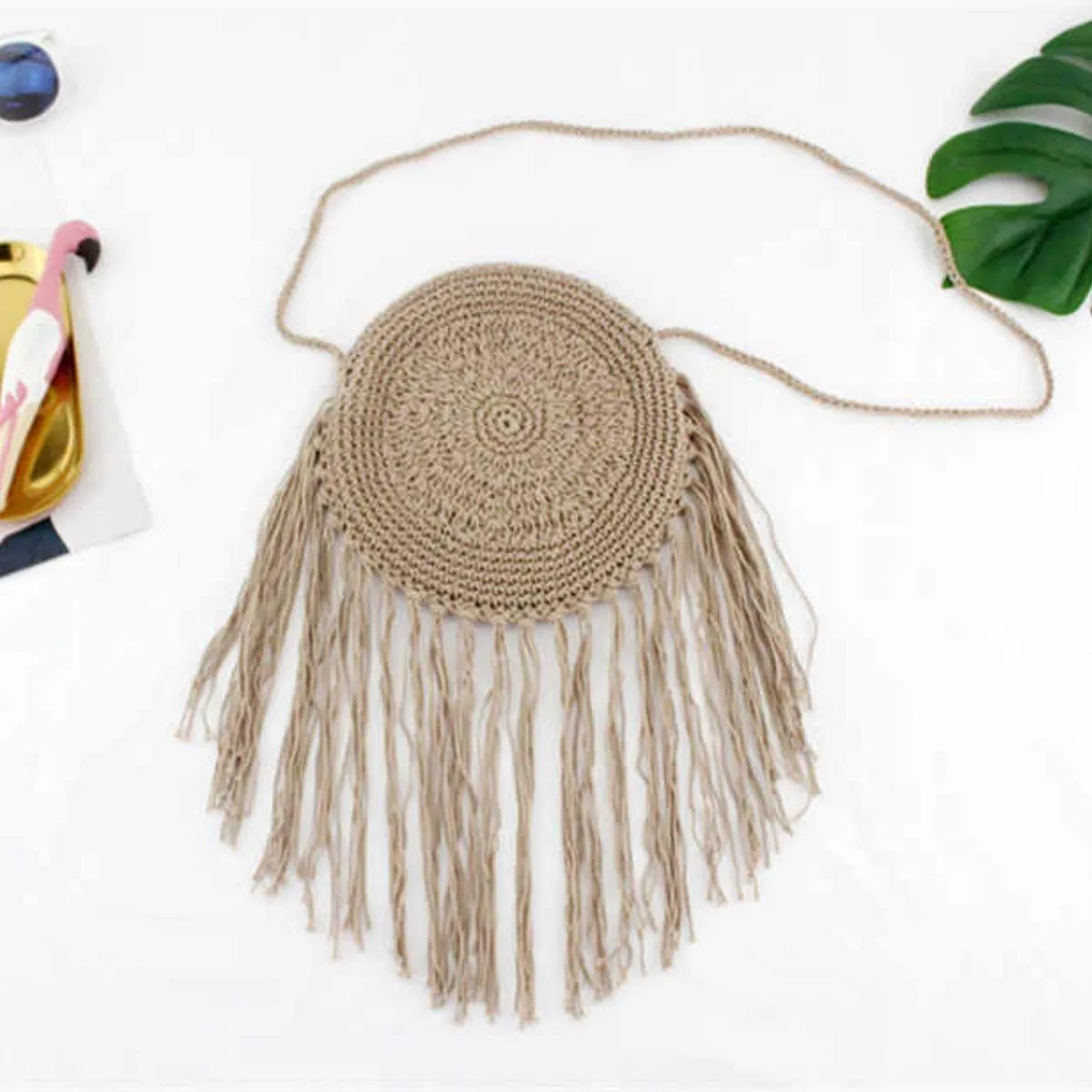 Hand-Knitted Round Bohemian Tassel Beach Bag