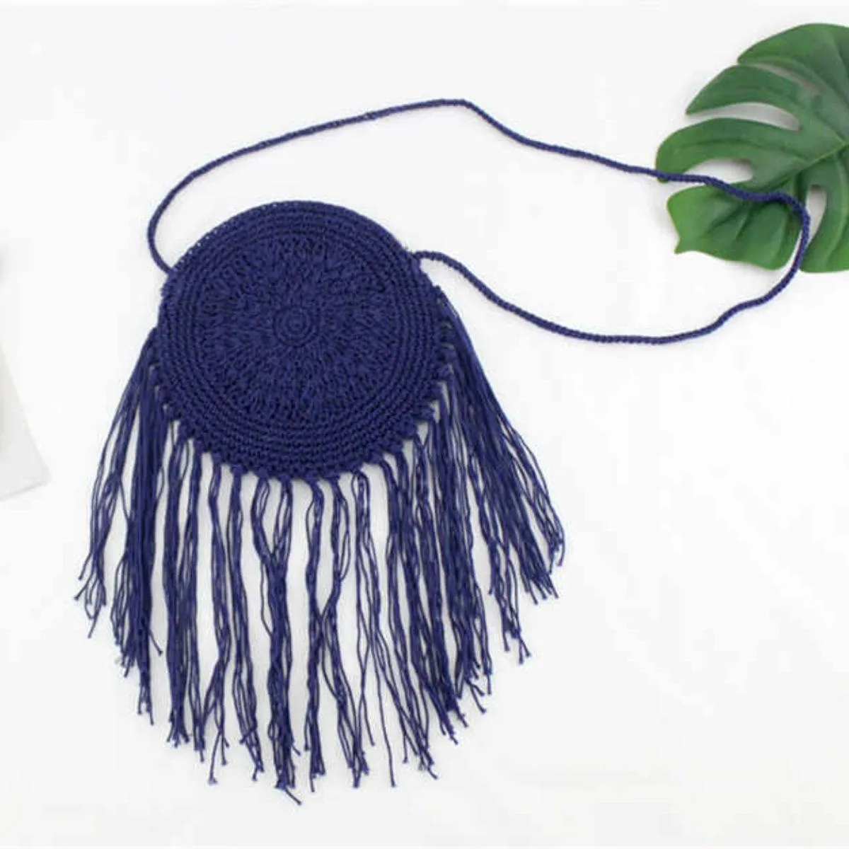 Hand-Knitted Round Bohemian Tassel Beach Bag