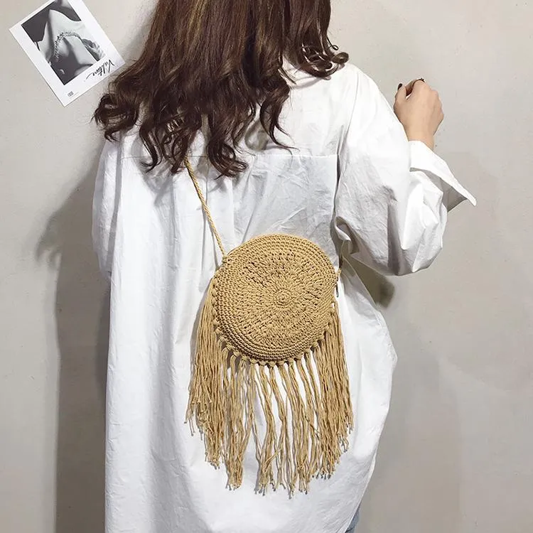 Hand-Knitted Round Bohemian Tassel Beach Bag
