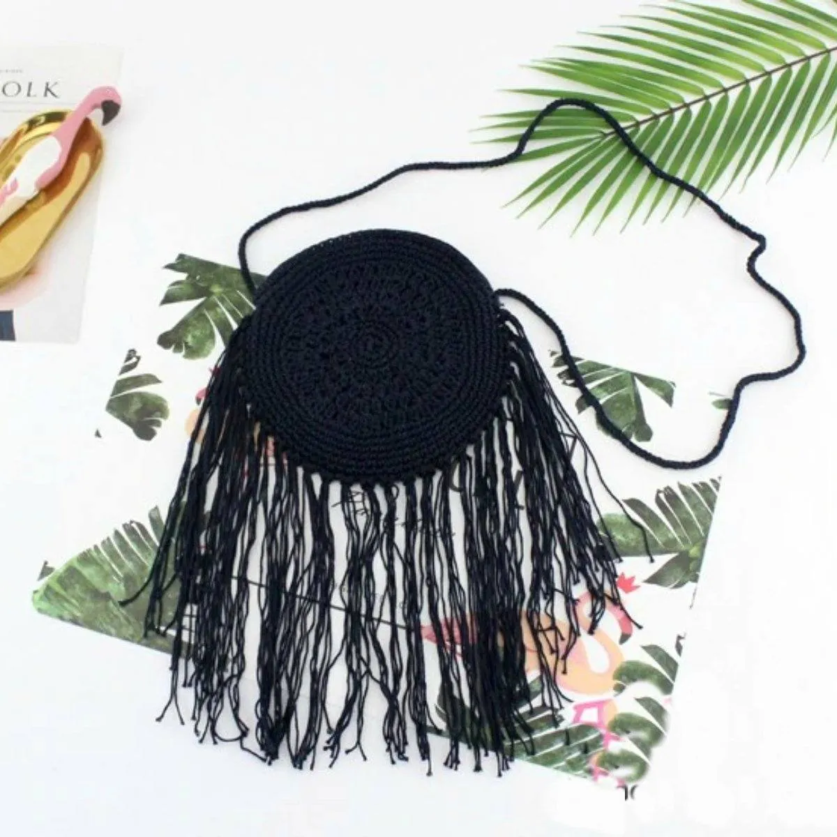 Hand-Knitted Round Bohemian Tassel Beach Bag