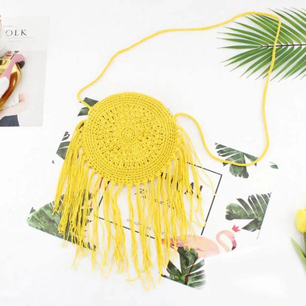 Hand-Knitted Round Bohemian Tassel Beach Bag