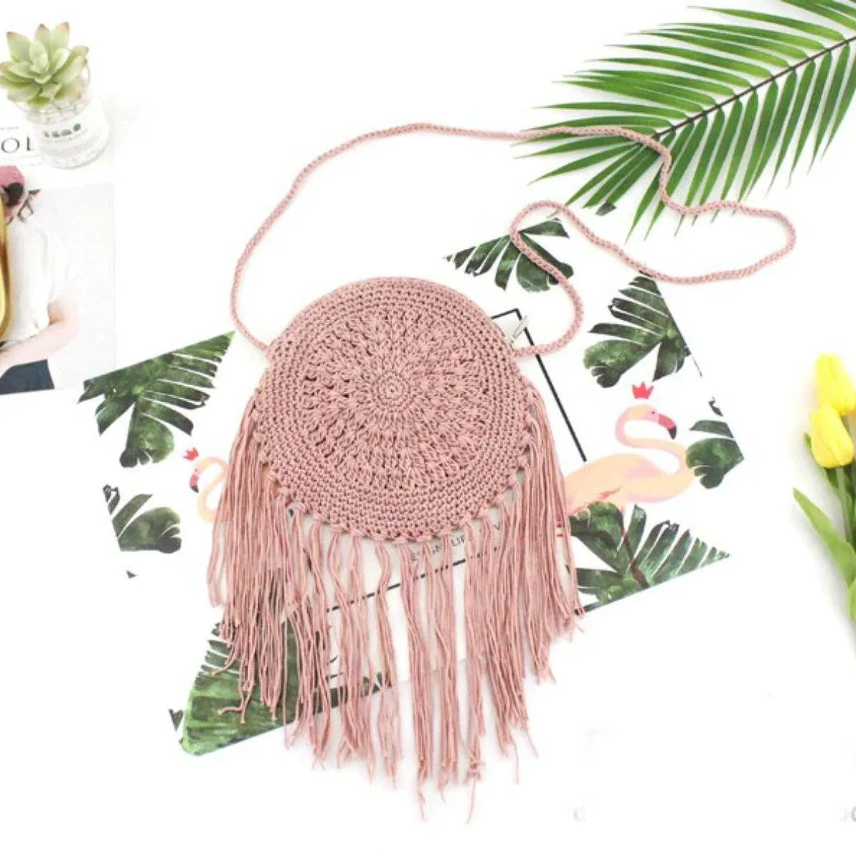 Hand-Knitted Round Bohemian Tassel Beach Bag
