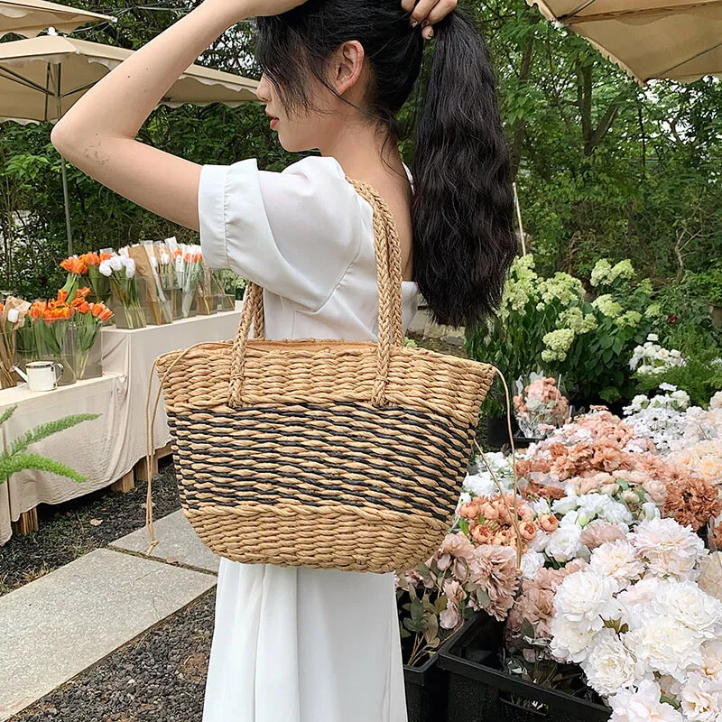Large Striped Straw Summer Tote Bag-Showtown