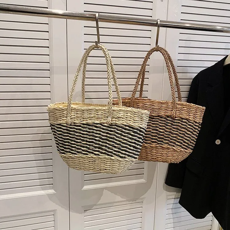 Large Striped Straw Summer Tote Bag-Showtown