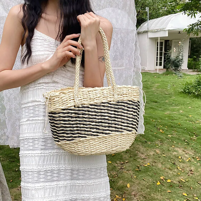 Large Striped Straw Summer Tote Bag-Showtown