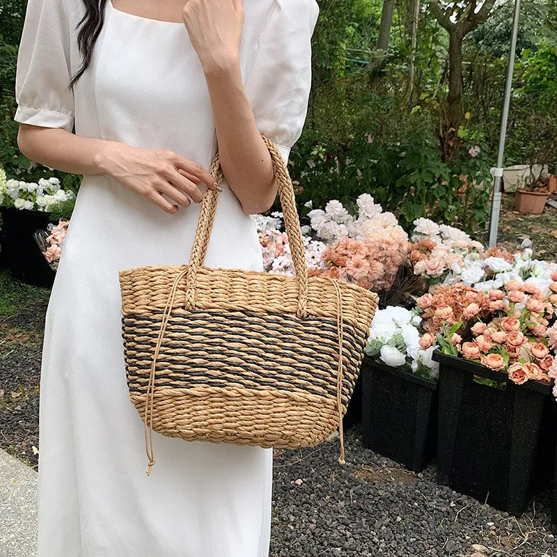 Large Striped Straw Summer Tote Bag-Showtown