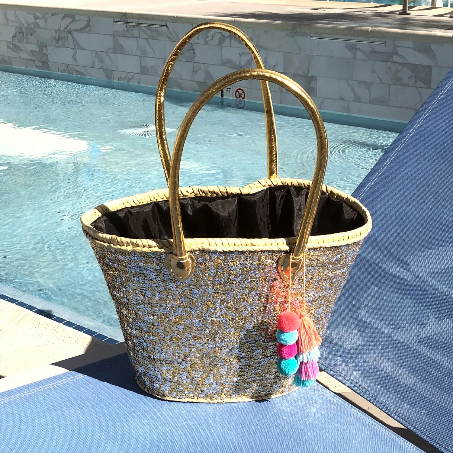 Medium Straw Shoulder Bag with Gold and Silver Sequins