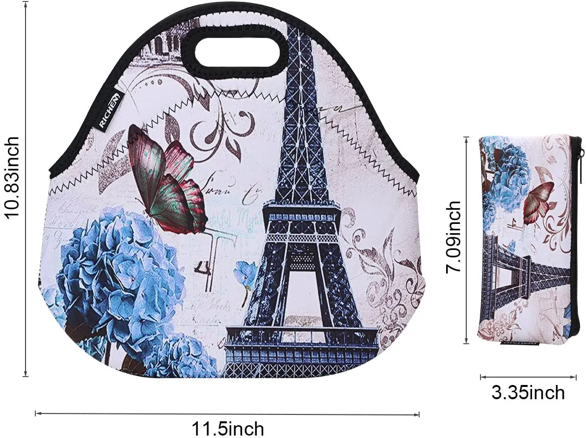 RICHEN Neoprene Lunch Bag with Cutlery Kit Neoprene Case for Knife,Fork,Spoon,Thermal Thick Lunch Tote Bag,Reusable Bags for Adults and Kids,Blue Flower Eiffel Design (RLB-10)