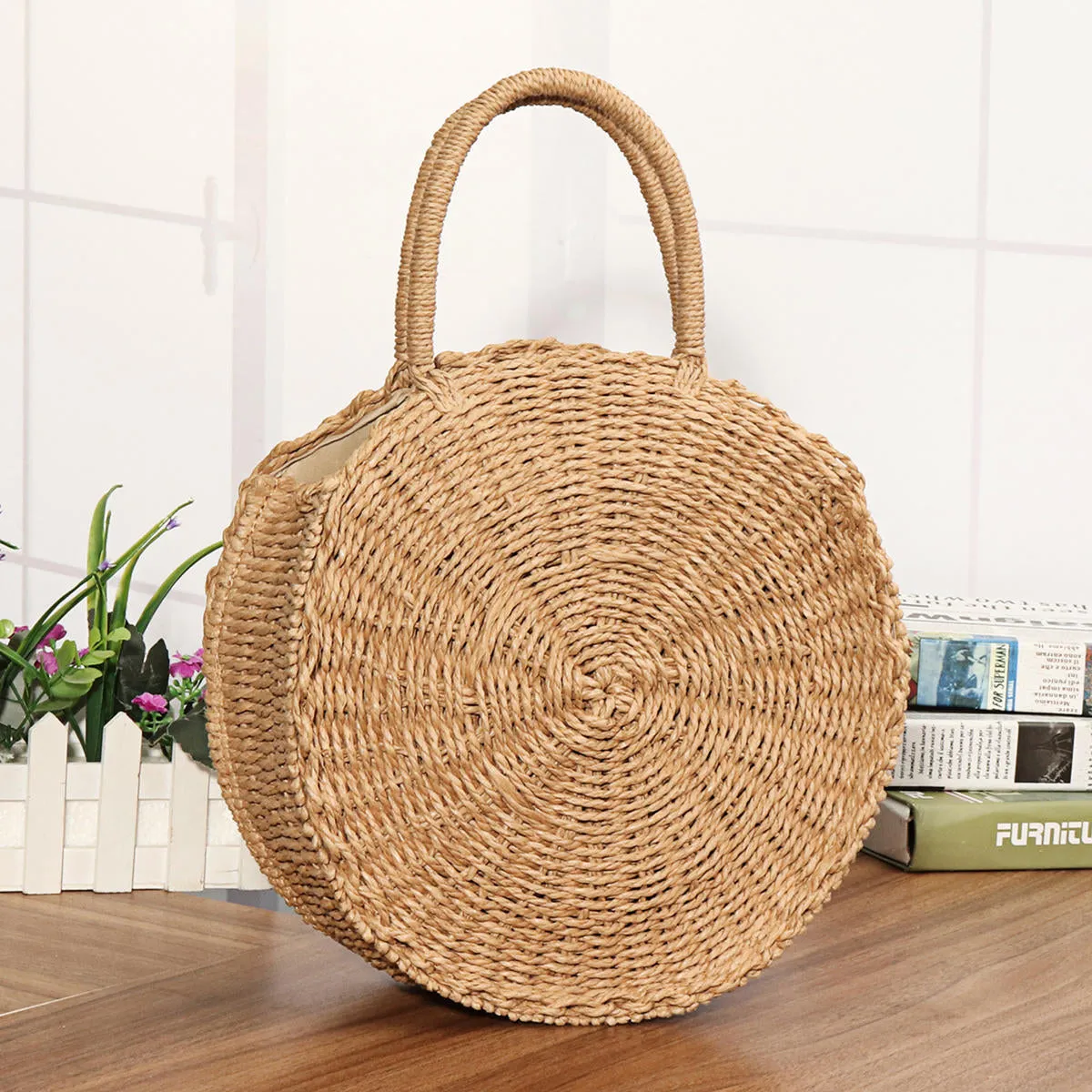 Round Women Girls Straw Rattan Bag Circle Handbag Handwoven Summer Beach Bali