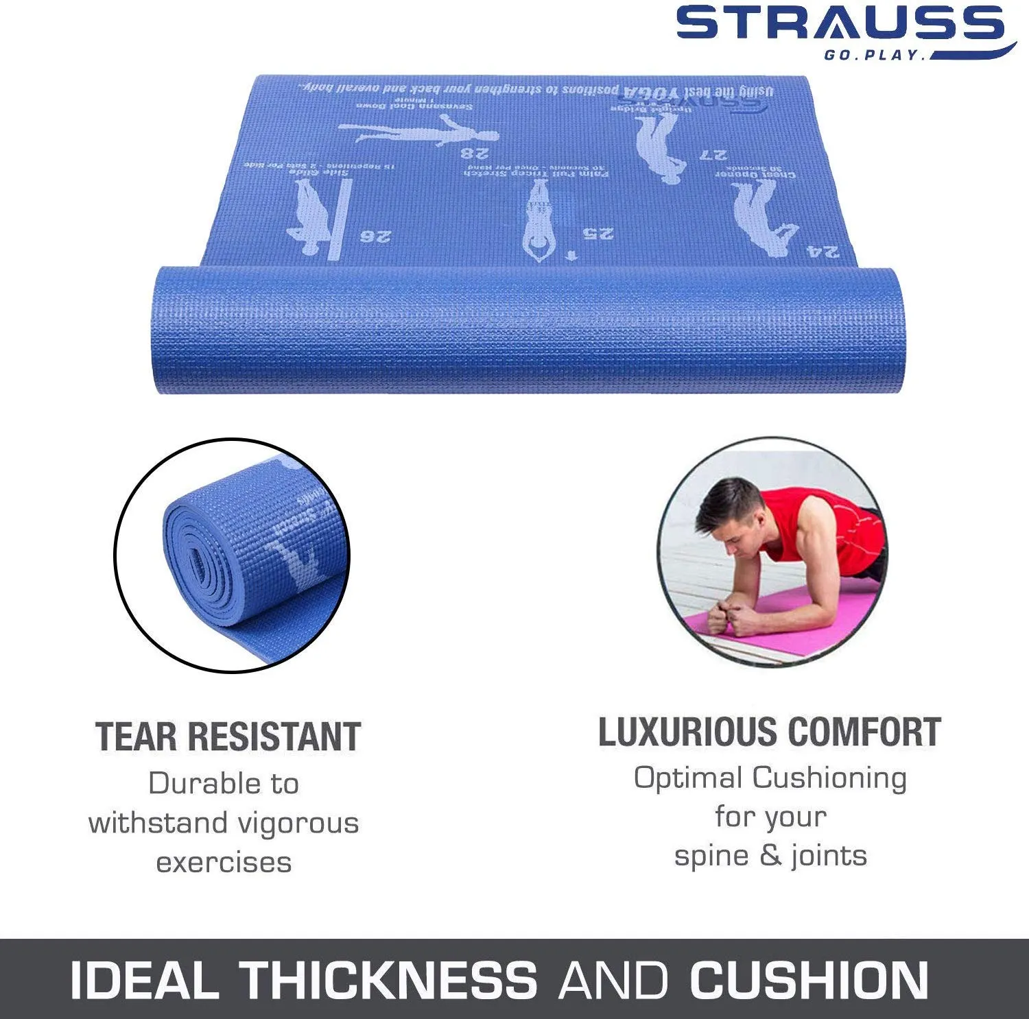 Strauss Yoga Mat 6mm (Yogasana), Yoga Block, (Navy Blue), Pair, Anti-Microbial Sports Cooling Towel(Blue) and Yoga Belt, 8 Feet, (Blue)