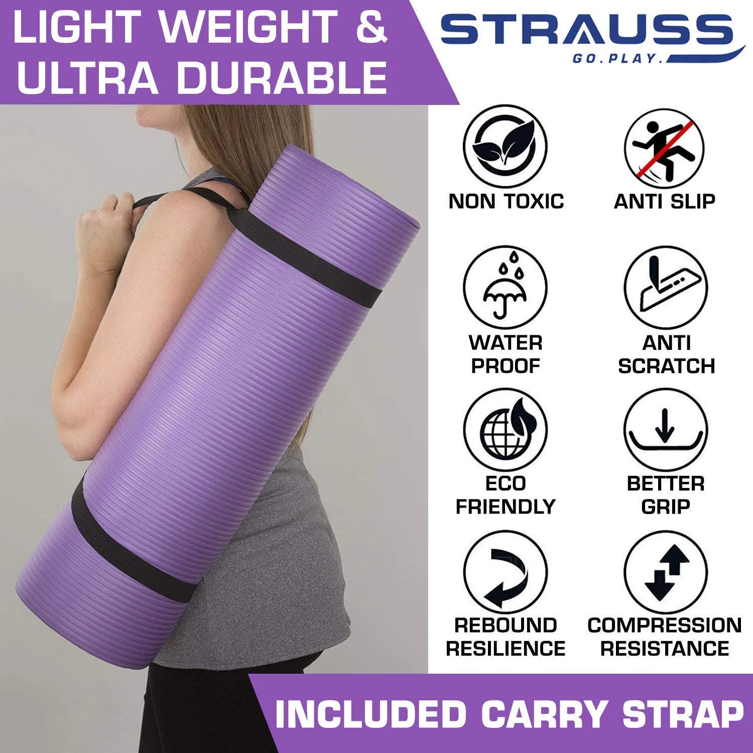 Strauss Yoga Mat (Floral) 10 MM NBR, Yoga Block (Purple) Pair, Anti-Slip Yoga Towel (Blue) and Yoga Belt (Blue)