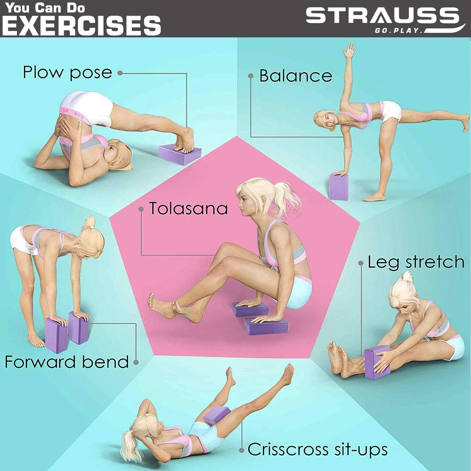 Strauss Yoga Mat (Floral) 10 MM NBR, Yoga Block (Purple) Pair, Anti-Slip Yoga Towel (Blue) and Yoga Belt (Blue)