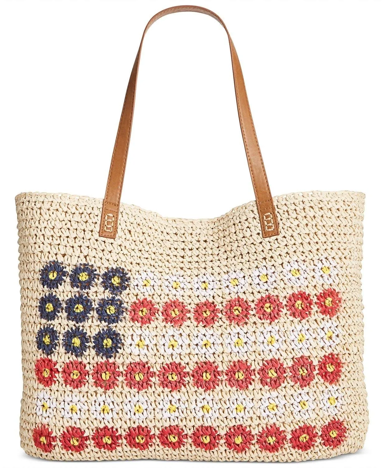 Style & Co. Womens Flag Tote Shopper Beach Bag Beige Large