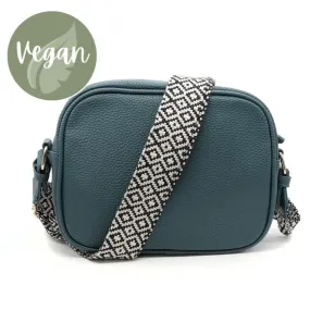 Teal Vegan Leather Crossbody Bag With Striped Strap