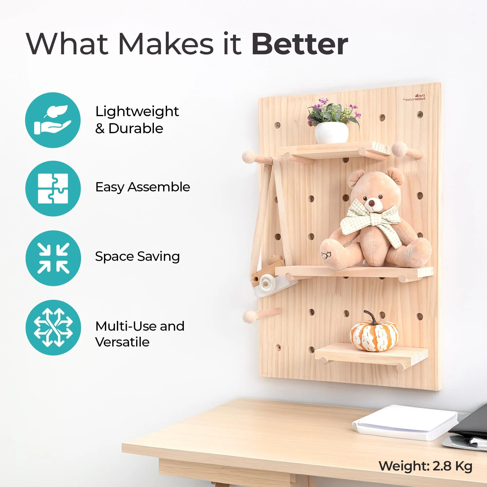 The Better Home Pinewood Pegboard Wall Organizer(24 * 16Inch) Wooden Shelf for Wall | Wall Shelf for Living Room, Office, Bedroom | Wall Hanging Shelf | Wooden Key Holder for Wall | Storage Organizer