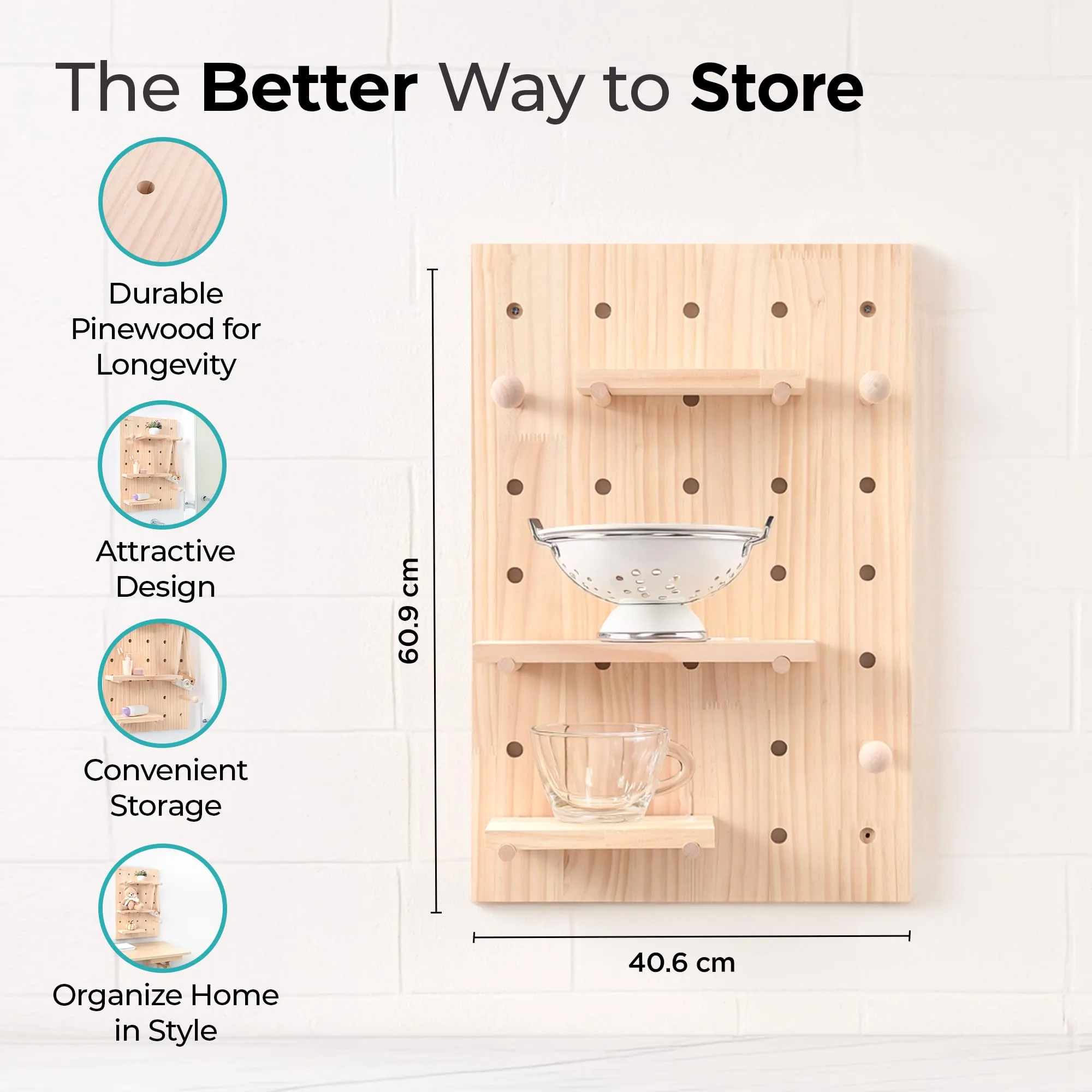 The Better Home Pinewood Pegboard Wall Organizer(24 * 16Inch) Wooden Shelf for Wall | Wall Shelf for Living Room, Office, Bedroom | Wall Hanging Shelf | Wooden Key Holder for Wall | Storage Organizer