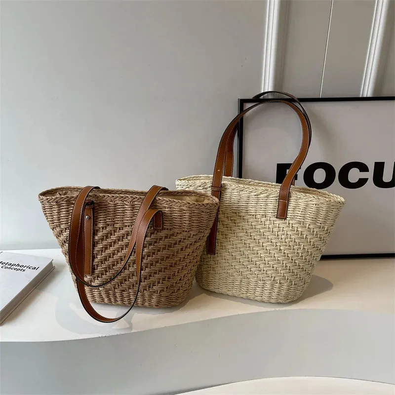 UAKISS  -  Big Straw Design Tote Bags for Women 2024 Summer Fashion Weave Shoulder Bags Travel Handbags Bucket Beach Bag