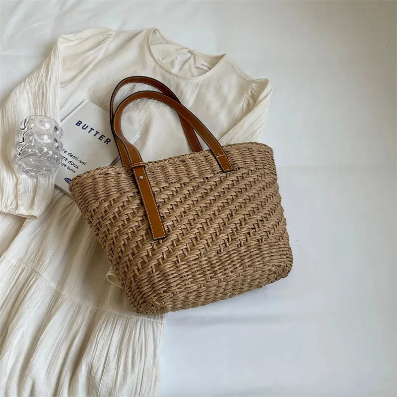 UAKISS  -  Big Straw Design Tote Bags for Women 2024 Summer Fashion Weave Shoulder Bags Travel Handbags Bucket Beach Bag