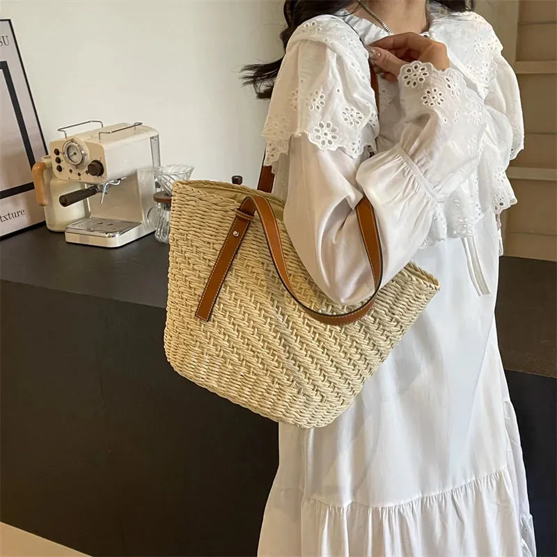 UAKISS  -  Big Straw Design Tote Bags for Women 2024 Summer Fashion Weave Shoulder Bags Travel Handbags Bucket Beach Bag