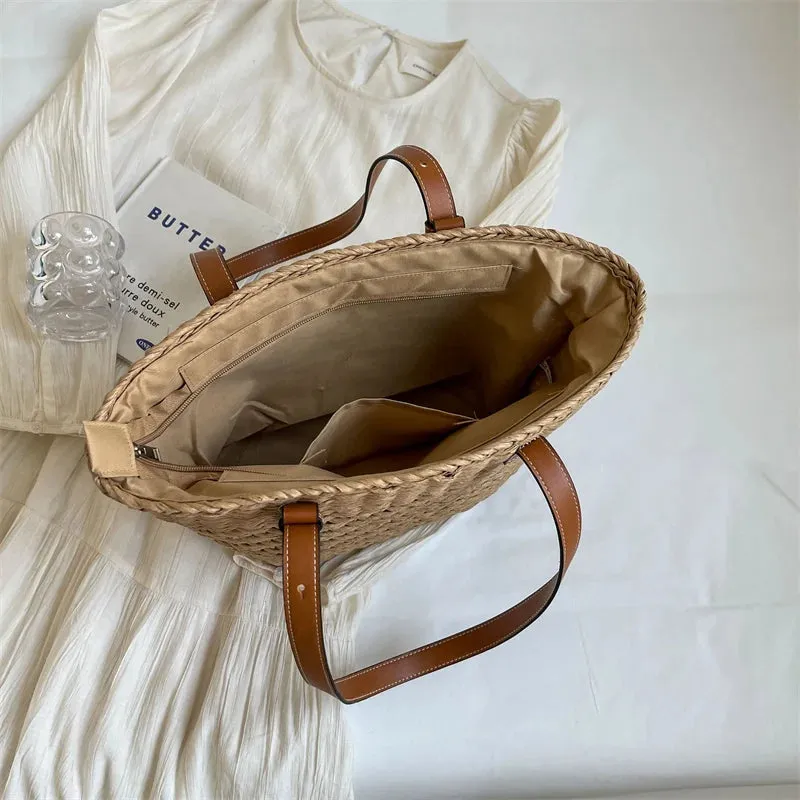 UAKISS  -  Big Straw Design Tote Bags for Women 2024 Summer Fashion Weave Shoulder Bags Travel Handbags Bucket Beach Bag